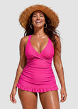 Deep V Cross-Back Ruched Two-Piece Swimsuit with Bikini Bottoms
