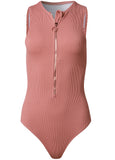 Shesways®Zip Front Ribbed One-Piece - Pink Rosette