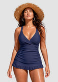 Deep V Cross-Back Ruched Two-Piece Swimsuit with Bikini Bottoms