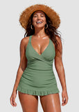Deep V Cross-Back Ruched Two-Piece Swimsuit with Bikini Bottoms