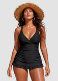 Deep V Cross-Back Ruched Two-Piece Swimsuit with Bikini Bottoms