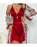 Floral Embroidery V-Neck Halter Backless Slim Fit Nightgown Sheer Mesh Cutout Sexy Babydolls