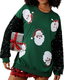 Women's Santa Claus Sequin Sleeve Sweatshirt – Festive Long Sleeve Crew Neck Top