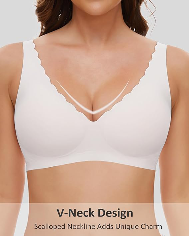 Shesways® Seamless Deep V Wireless Push-Up Bra – Scalloped, Soft Support, Back Smoothing Bralette