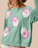 Women's Santa Claus Sequin Sleeve Sweatshirt – Festive Long Sleeve Crew Neck Top