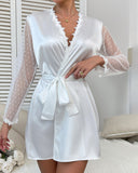 Shesways® Contrast Lace V-Neck Polka Dot Mesh Sleeve Nightgown with Sexy Tied Detail Babydoll Robe