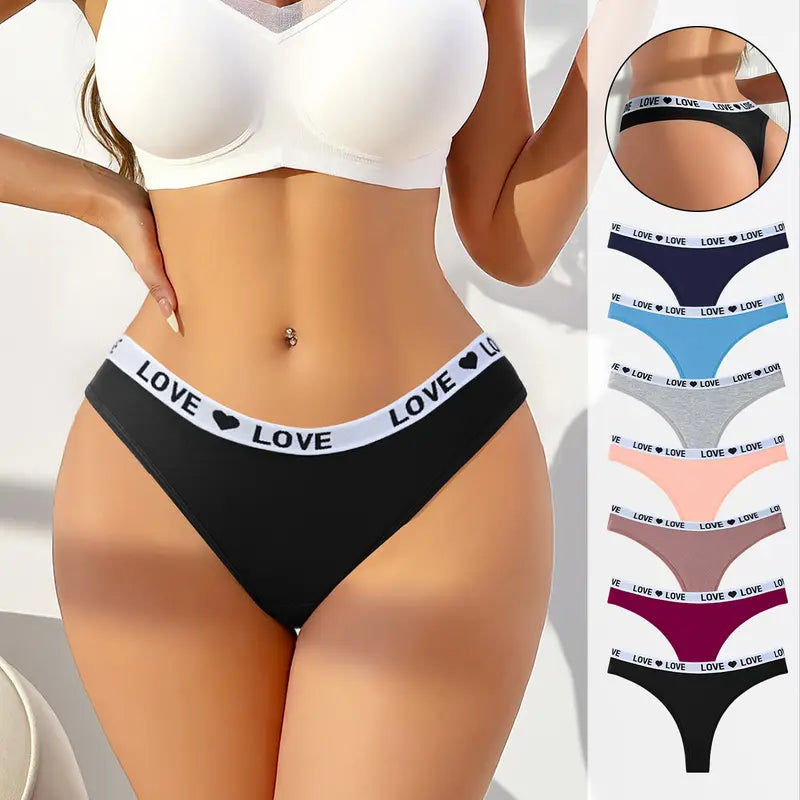 Women’s Cotton Heart Waistband Low-Waist Thong Panties 7-Pack