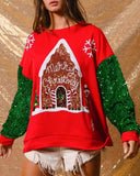 Women's Santa Claus Sequin Sleeve Sweatshirt – Festive Long Sleeve Crew Neck Top