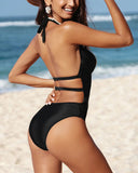Shesways® Mesh Deep V Halter One Piece Swimsuit