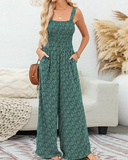 Women's Floral Smocked Wide-Leg Jumpsuit – Sleeveless Summer Romper with Pockets