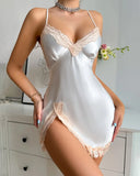 Shesways® Colorblock Contrast Lace V-Neck Spaghetti Strap Satin Sleep Dress Sexy Slim Fit Slit Babydoll