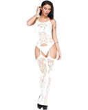 Plus Size Lace Halter Fishnet Bodysuit – Stretchy Floral One-Piece with Open Crotch