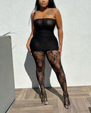 See-Through Strapless Lace Bodycon Dress & Stockings Set