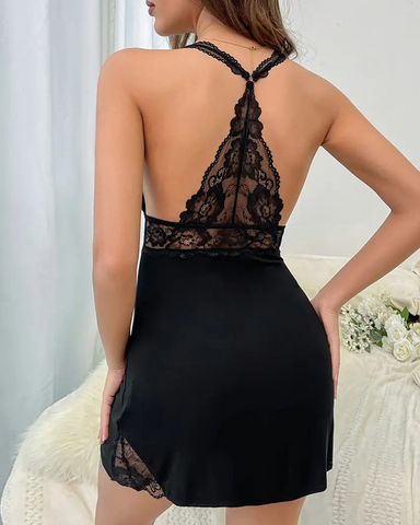 Contrast Lace V Neck Sleeveless Babydoll Sexy Backless Mini Sleepwear Dress