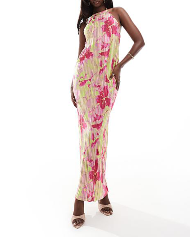 Shesways® halter plisse midaxi dress in oversized floral print