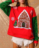 Women's Santa Claus Sequin Sleeve Sweatshirt – Festive Long Sleeve Crew Neck Top