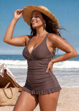 Deep V Cross-Back Ruched Two-Piece Swimsuit with Bikini Bottoms