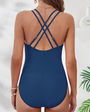 Shesways® V-Neck Tummy Control One-Piece Swimsuit – Crisscross Back & Elegant Waist Detail