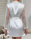 Shesways® Contrast Lace V-Neck Polka Dot Mesh Sleeve Nightgown with Sexy Tied Detail Babydoll Robe