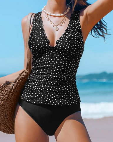 Polka Dot Scalloped Tankini Top & High-Rise Bottoms Set