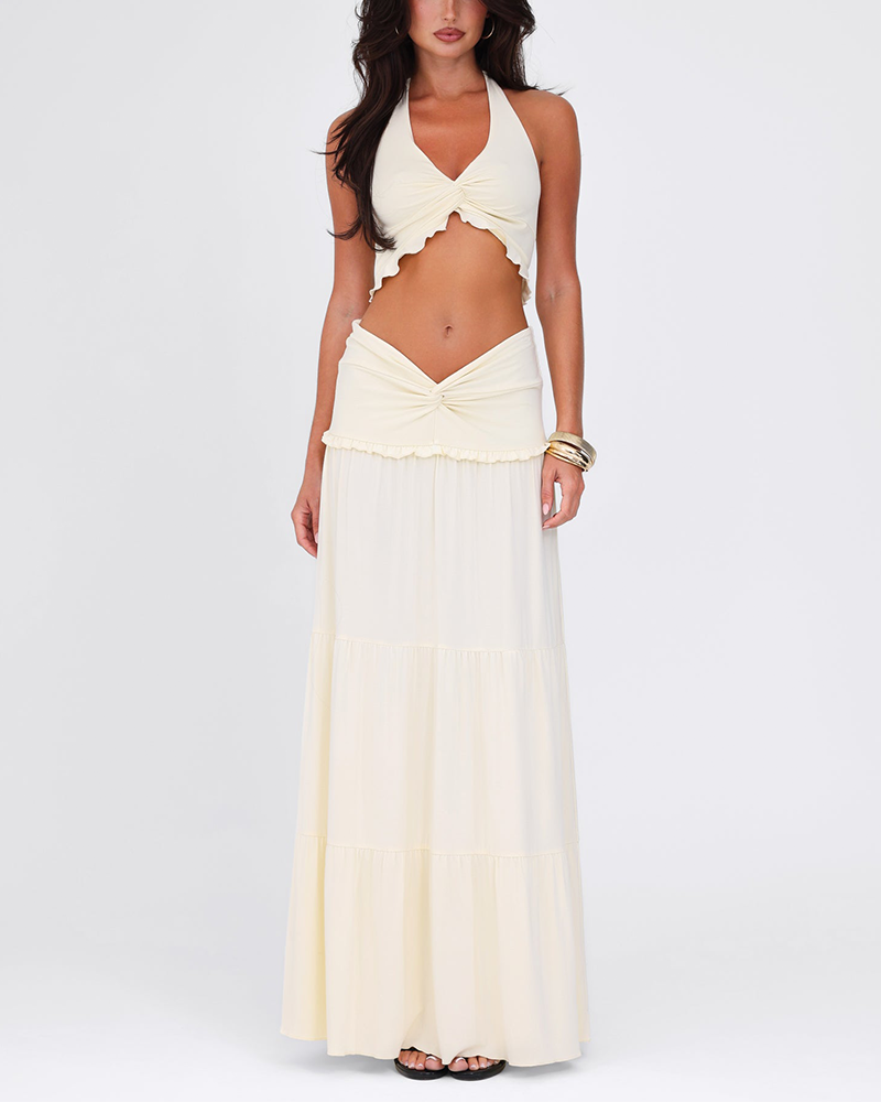 Shesways® Plunge Neck Halter Top & Ruched Skirt Set – Summer Two-Piece Outfit for Women