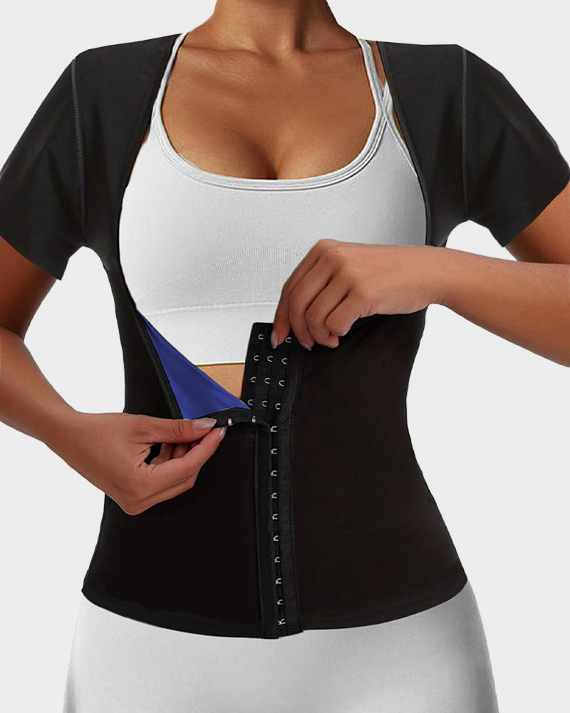Shesways® Women's Short-Sleeve Sauna Top with Button Closure, Bust Support, and Abdominal Control