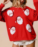 Women's Santa Claus Sequin Sleeve Sweatshirt – Festive Long Sleeve Crew Neck Top