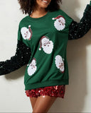 Women's Santa Claus Sequin Sleeve Sweatshirt – Festive Long Sleeve Crew Neck Top