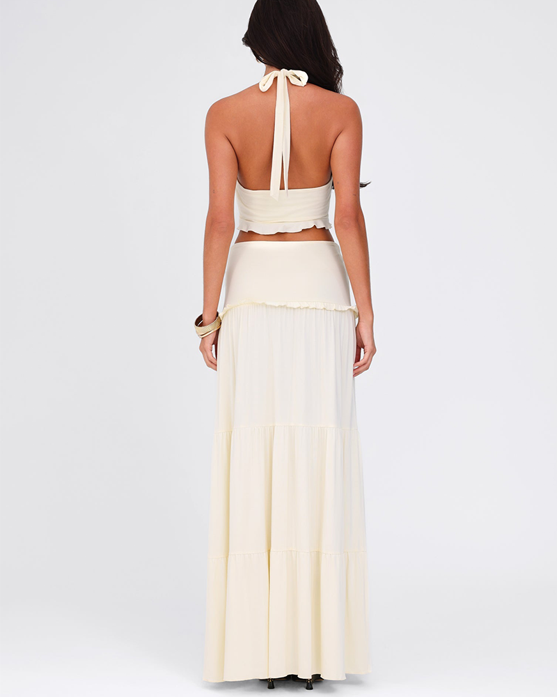 Shesways® Plunge Neck Halter Top & Ruched Skirt Set – Summer Two-Piece Outfit for Women