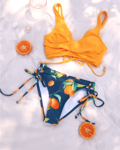 Yellow Wrap Front & Floral Print Tie Side Bikini Set