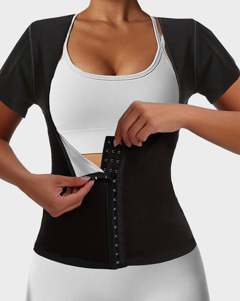 Shesways® Women's Short-Sleeve Sauna Top with Button Closure, Bust Support, and Abdominal Control