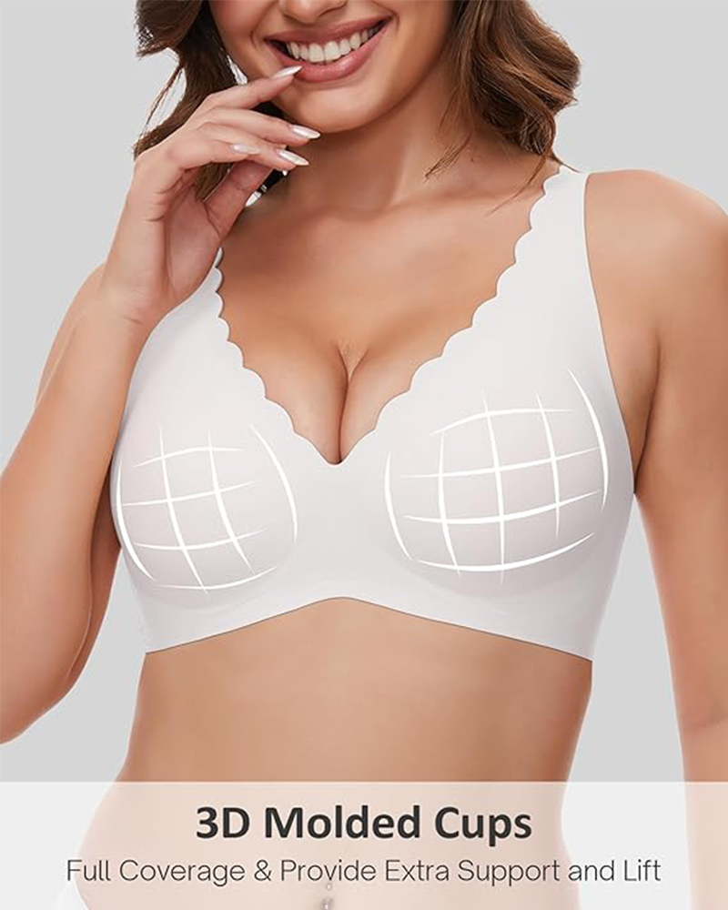 Shesways® Seamless Deep V Wireless Push-Up Bra – Scalloped, Soft Support, Back Smoothing Bralette