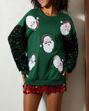 Women's Santa Claus Sequin Sleeve Sweatshirt – Festive Long Sleeve Crew Neck Top