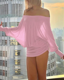 Off Shoulder Sheer Ruched Long Sleeve Dress