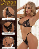 Lace Open Crotch Lingerie Set – Sexy 3-Point Bra & Thong Two-Piece for Women