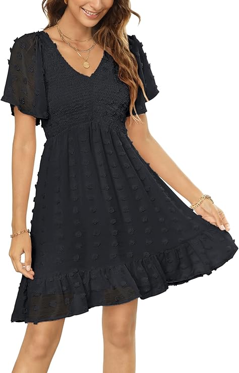 Shesways® Elegant Ruffle Smocked Mini Dress – V Neck