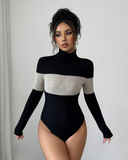 Women’s High Neck Patchwork Long Sleeve Bodysuit