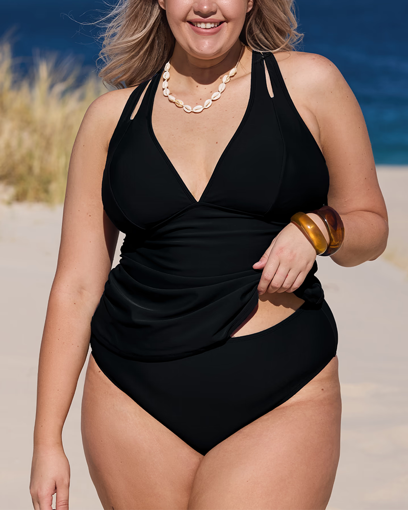 Black Ruched Tankini Top & Mid-Rise Bottoms