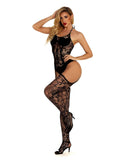Plus Size Lace Halter Fishnet Bodysuit – Stretchy Floral One-Piece with Open Crotch