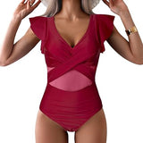 Shesways® Criss-Cross Ruffled Sleeve Mesh Tummy Control One-Piece Swimsuit