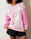 Women's Santa Claus Sequin Sleeve Sweatshirt – Festive Long Sleeve Crew Neck Top