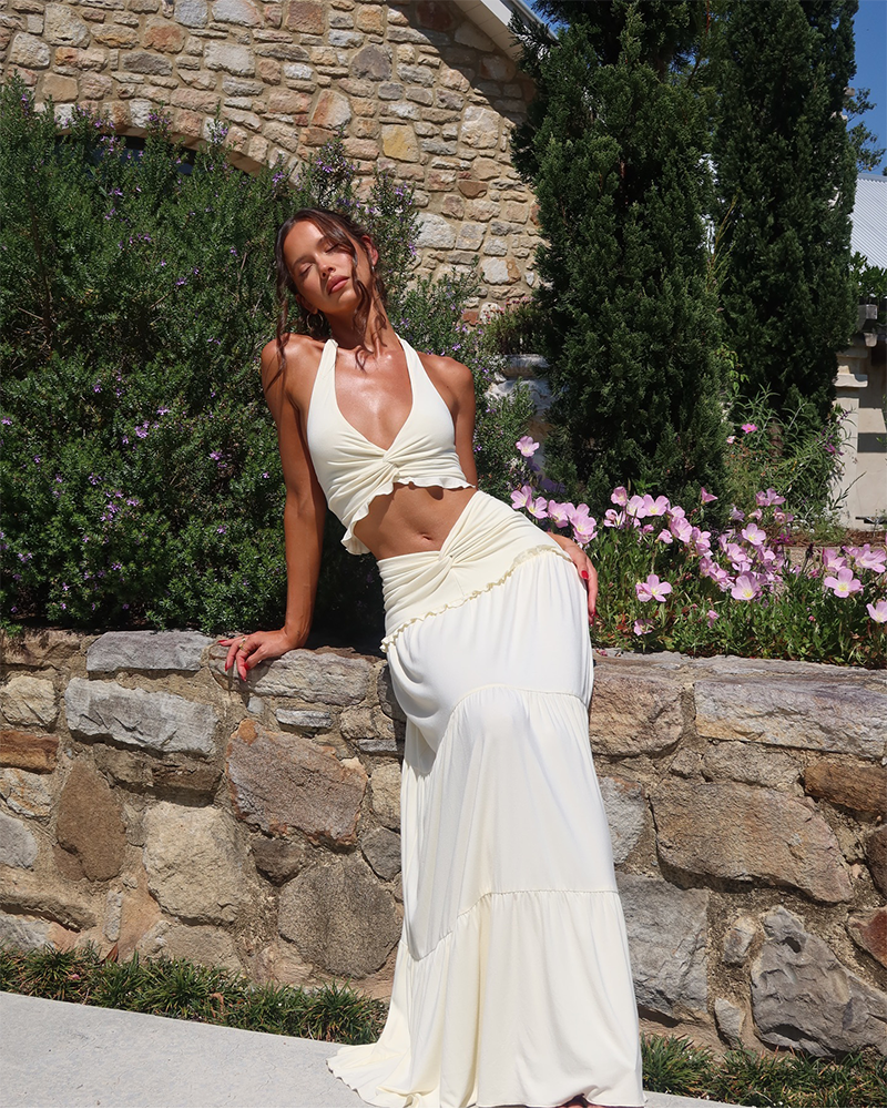 Shesways® Plunge Neck Halter Top & Ruched Skirt Set – Summer Two-Piece Outfit for Women