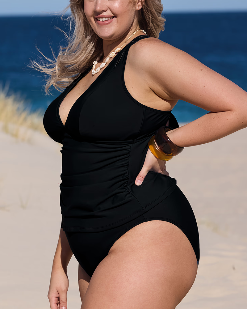 Black Ruched Tankini Top & Mid-Rise Bottoms