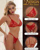 Lace Open Crotch Lingerie Set – Sexy 3-Point Bra & Thong Two-Piece for Women