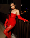 See-Through Strapless Lace Bodycon Dress & Stockings Set