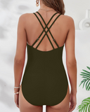 Shesways® V-Neck Tummy Control One-Piece Swimsuit – Crisscross Back & Elegant Waist Detail