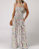 Women's Floral Smocked Wide-Leg Jumpsuit – Sleeveless Summer Romper with Pockets