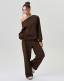 Women's Sloping Shoulder Long Sleeve Top & Wide Leg Pants Set