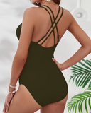 Shesways® V-Neck Tummy Control One-Piece Swimsuit – Crisscross Back & Elegant Waist Detail