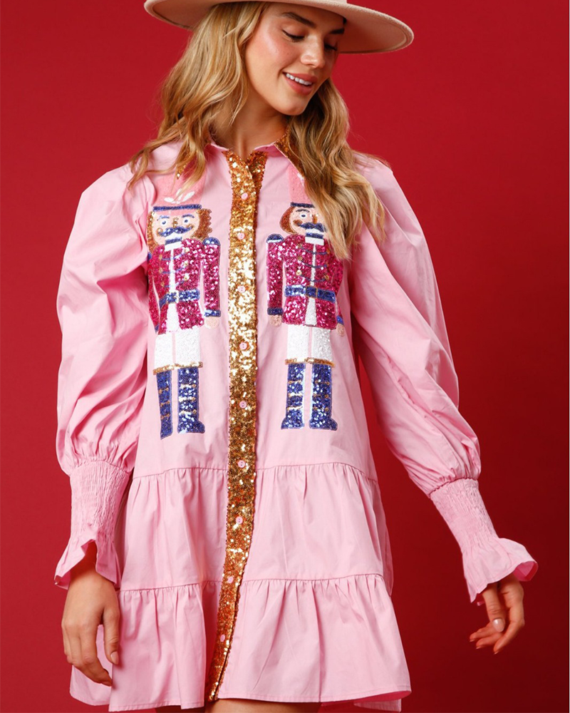 Christmas Sequin Nutcracker Shirt Dress
